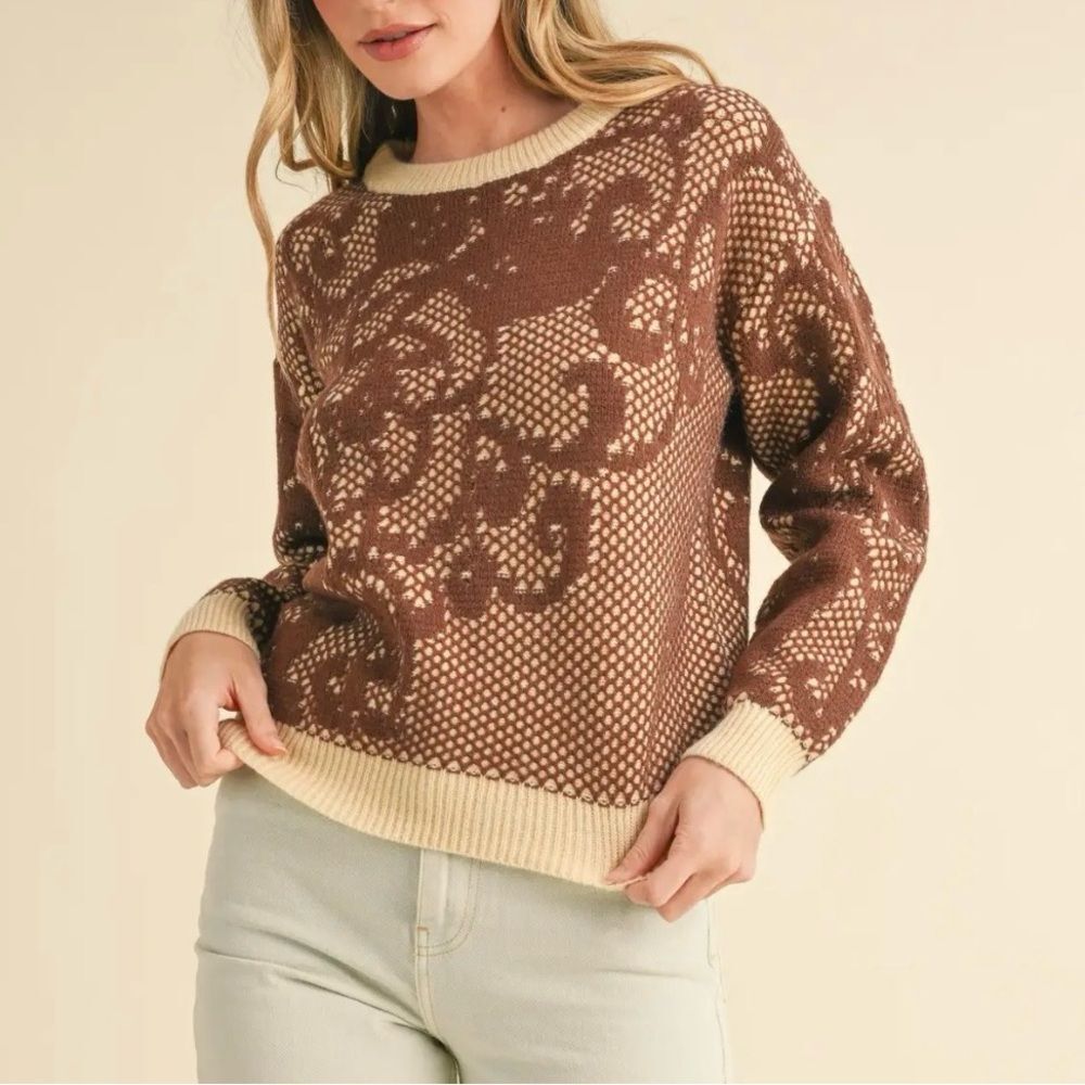 NEW & Merci Lace Knit Sweater Large Floral Brown Beige Damask Pullover Crochet